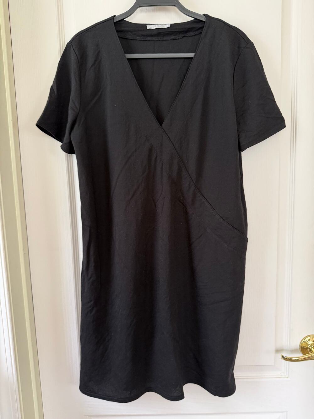 ZARA W/B Collection Linen Blend Midi Dress Womens Size XL Black V-Neck Relaxed